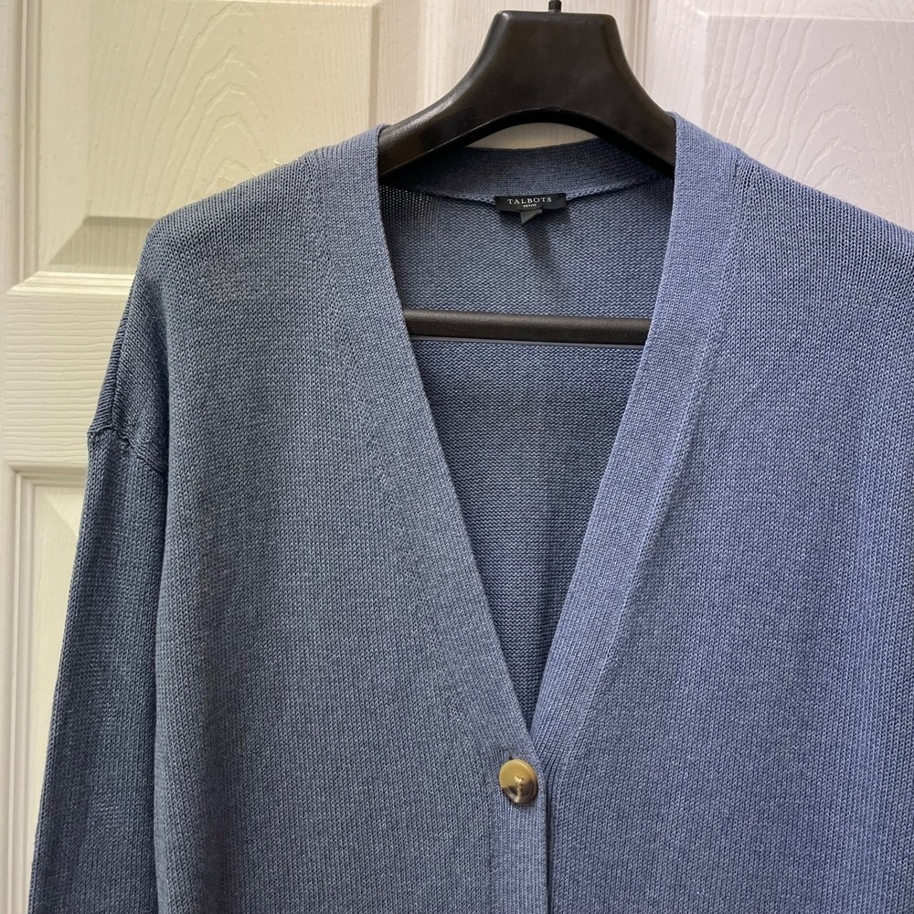 Talbots Women's V-Neck Duster Cardigan PL Blue Button Down Cozy Preppy Spring